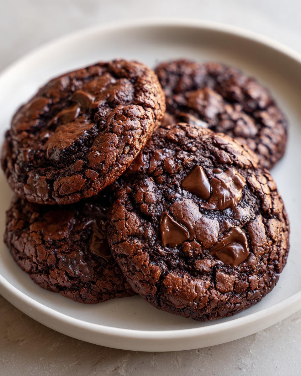 Close-up of four rich, dark chocolate brownie cookies with melted chocolate chips stacked on a light plate.