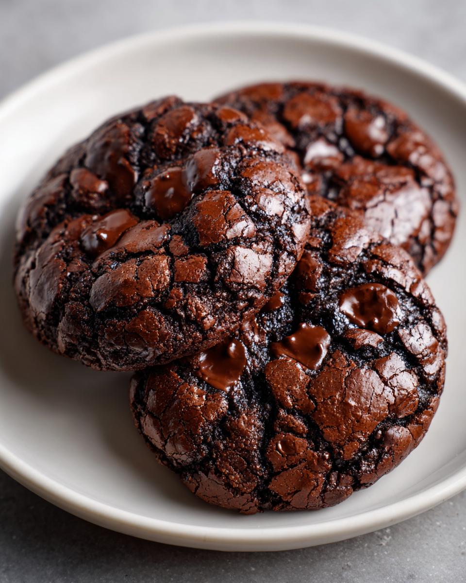 Three fudgy chocolate brownie cookies with melted chocolate chips piled on a light gray plate.
