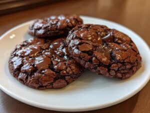 Three rich, fudgy chocolate brownie cookies with melted chocolate chips resting on a white plate.
