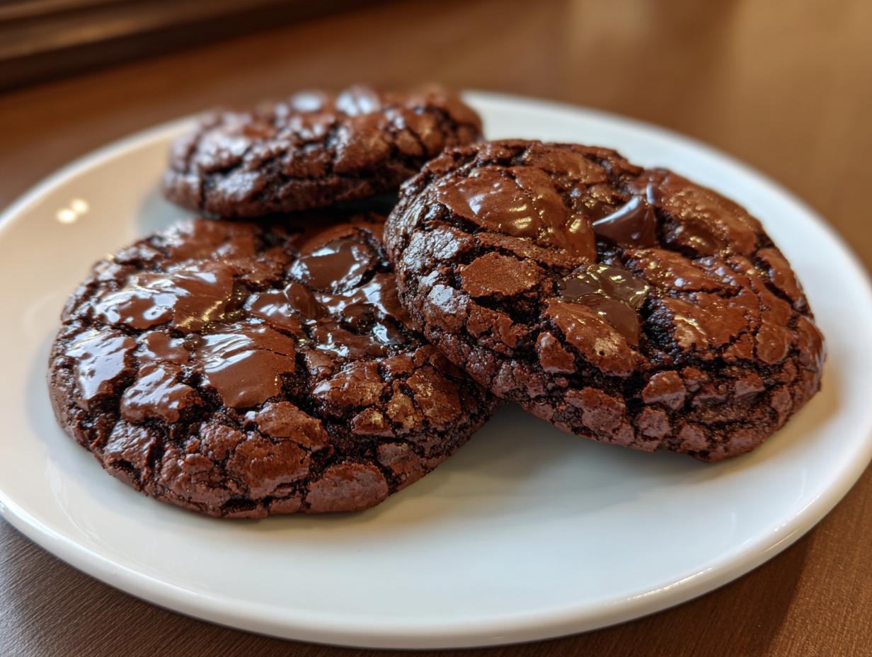 Three rich, fudgy chocolate brownie cookies with melted chocolate chips resting on a white plate.