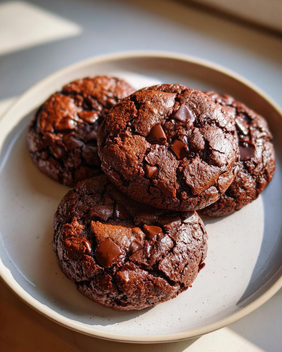 Close-up of four rich, dark chocolate brownie cookies piled on a light ceramic plate.