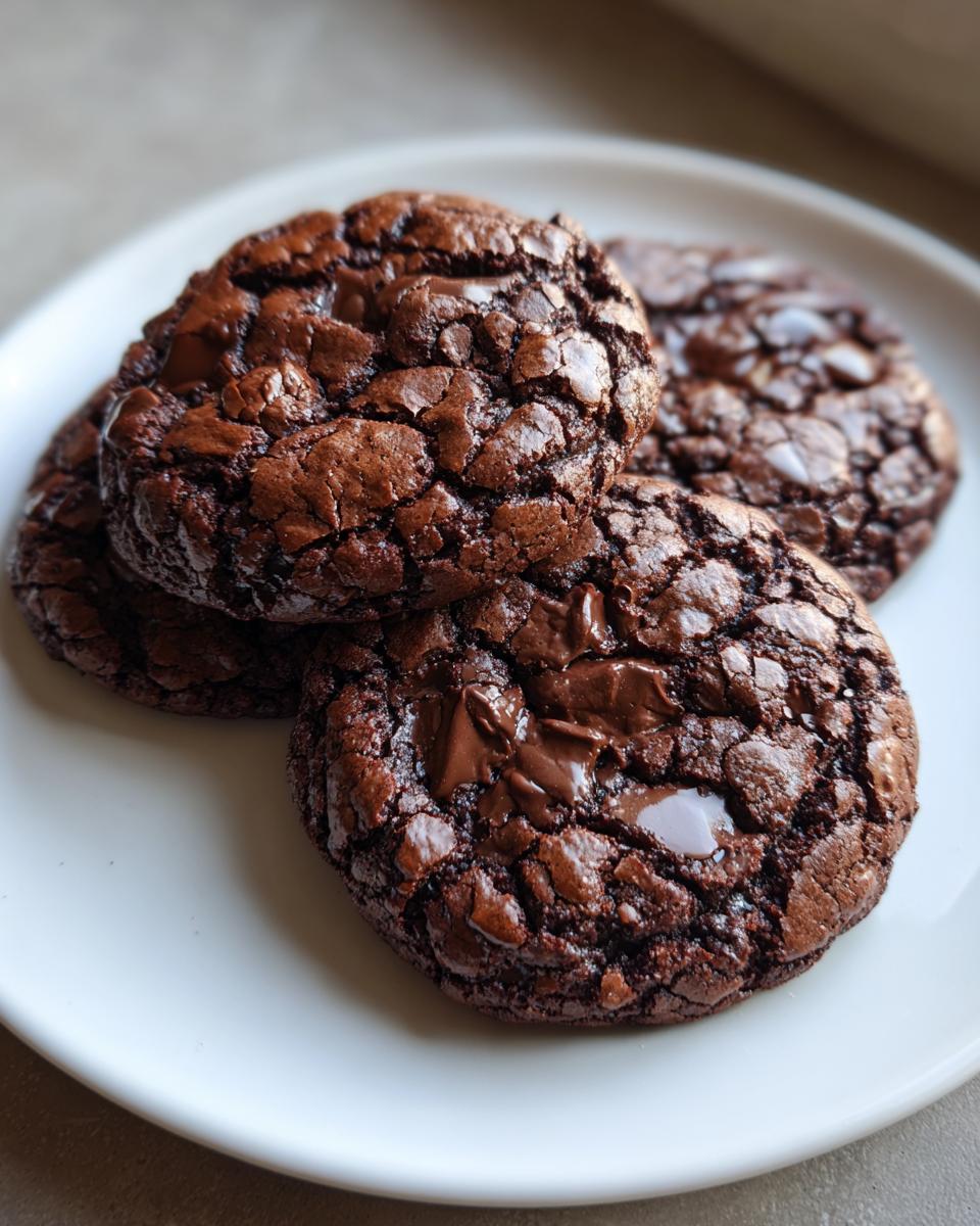 A close-up of four rich, dark chocolate brownie cookies with cracked tops and melted chocolate chips, stacked on a white plate.