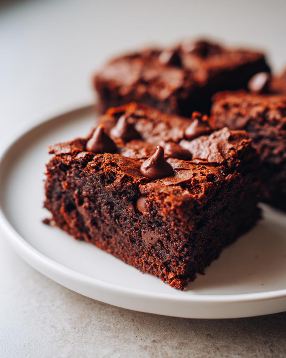 Close-up of a fudgy square of sweet potato brownies topped with melted chocolate chips on a white plate.