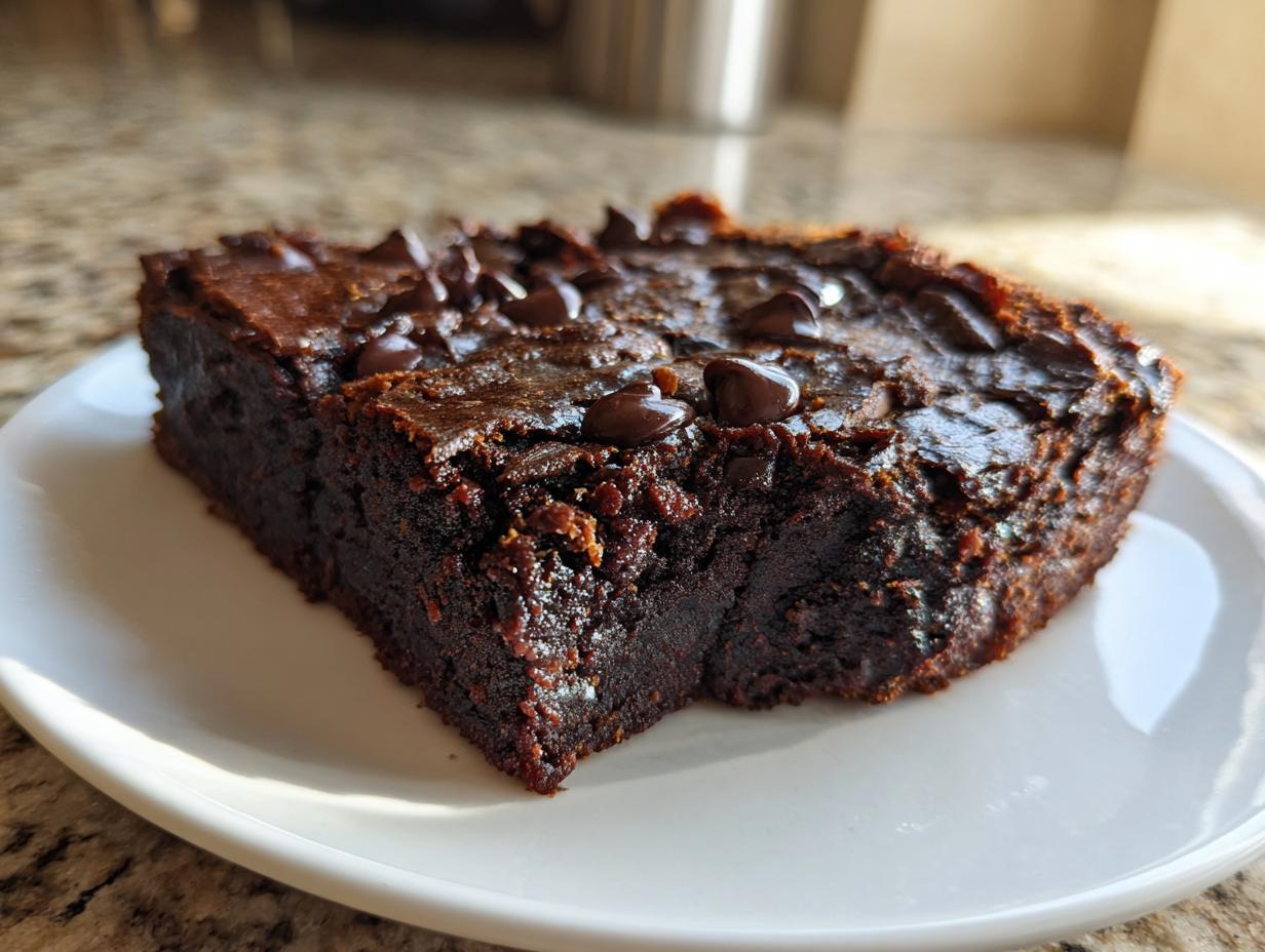 A close-up of a fudgy, dark chocolate sweet potato brownies slice topped with melted chocolate chips on a white plate.