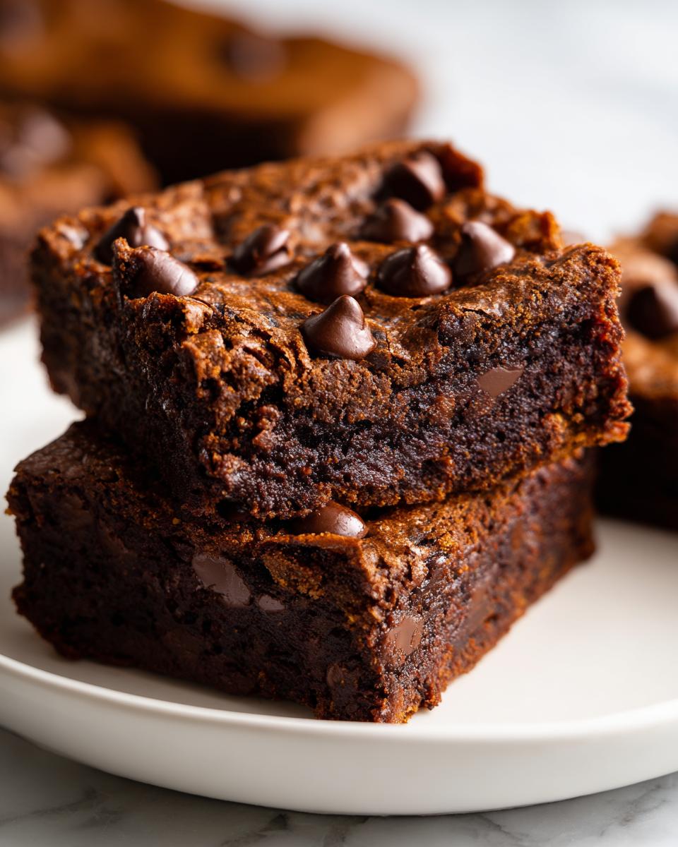 Two stacked, fudgy sweet potato brownies topped generously with melted chocolate chips on a white plate.
