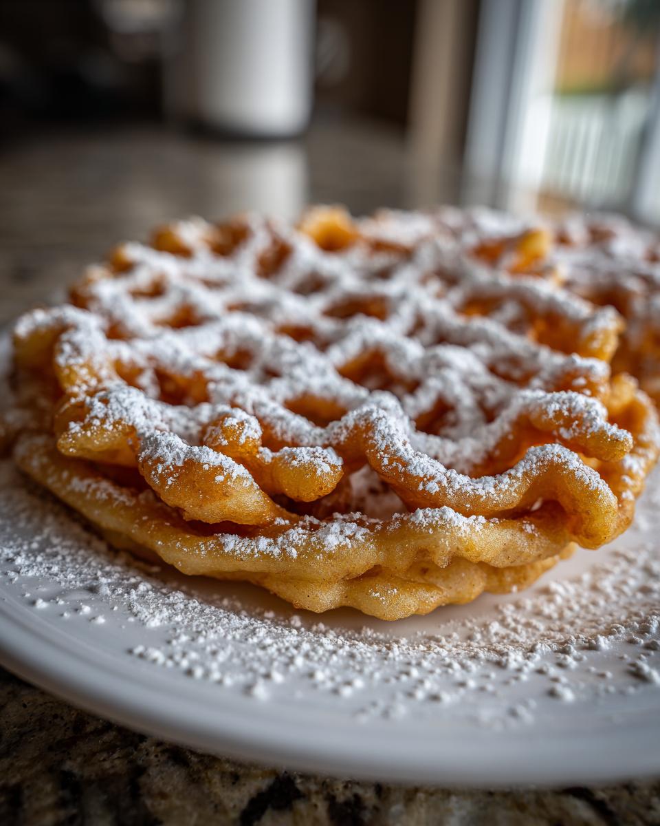 Close-up of a freshly made funnel cake recipe, golden brown and heavily dusted with powdered sugar, served on a white plate.