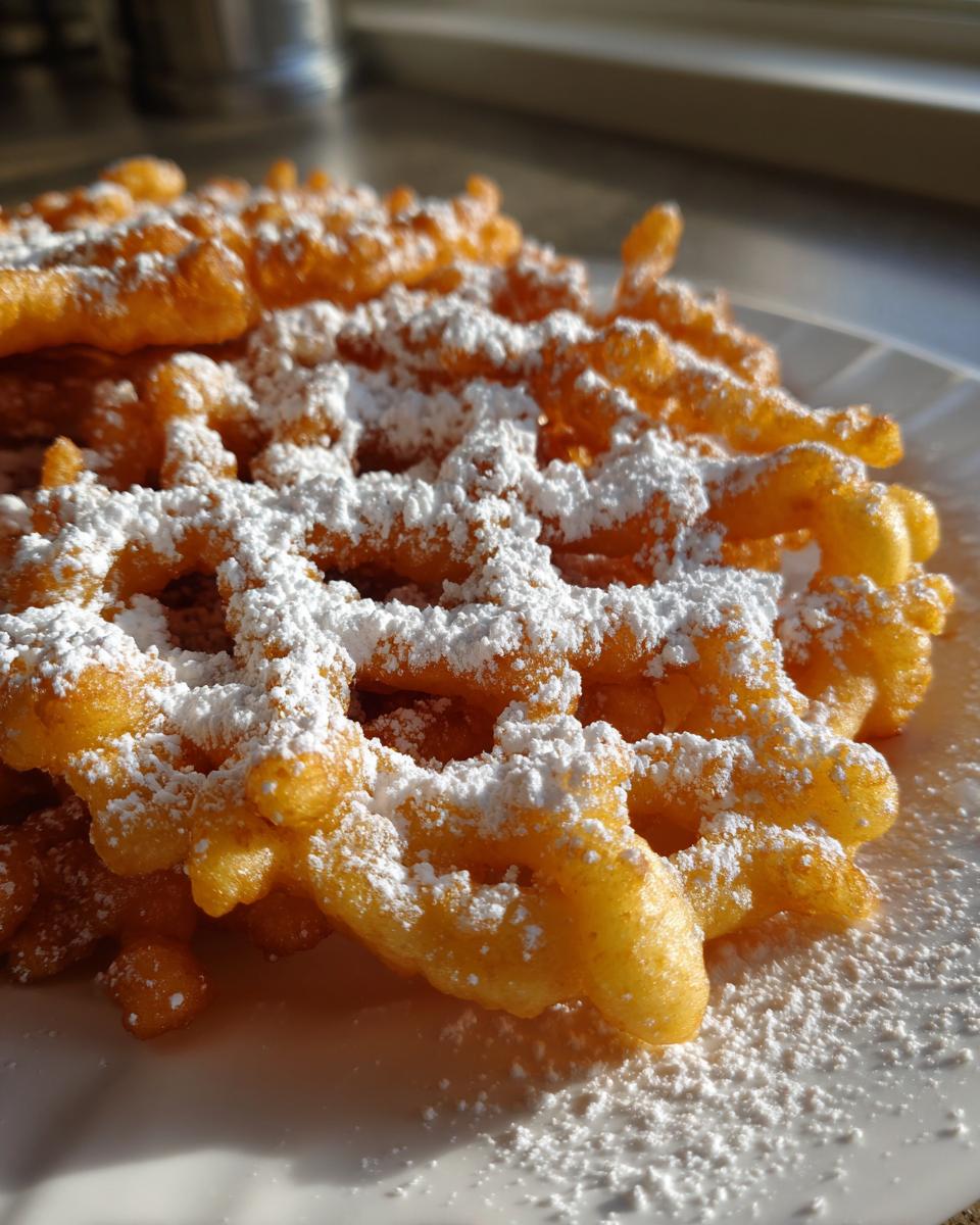 Close-up of freshly fried, golden funnel cake recipe generously dusted with white powdered sugar.