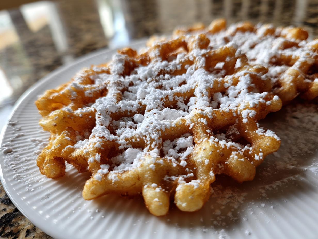 Close-up of a golden brown funnel cake recipe creation dusted heavily with powdered sugar on a white plate.