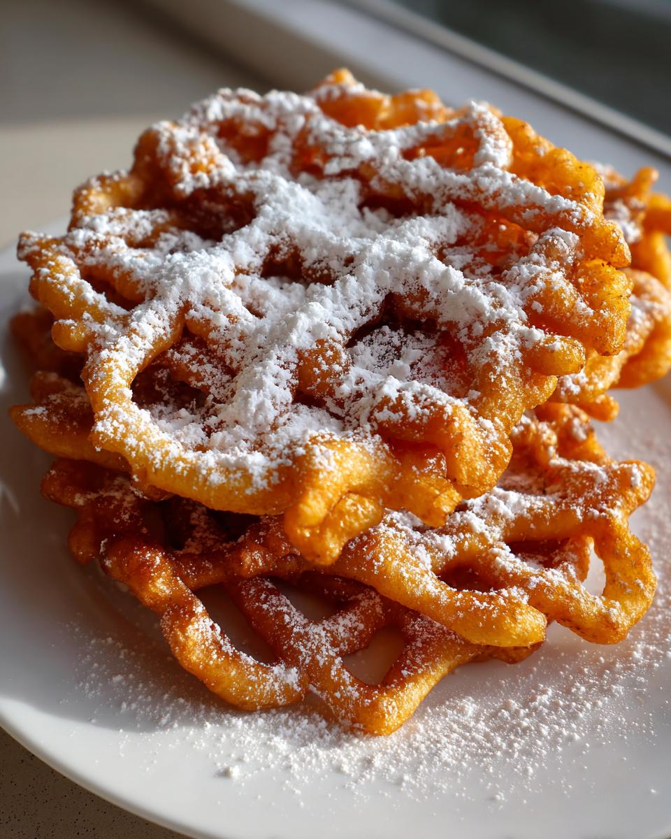A stack of freshly fried, golden brown funnel cake recipe treats generously dusted with white powdered sugar on a white plate.