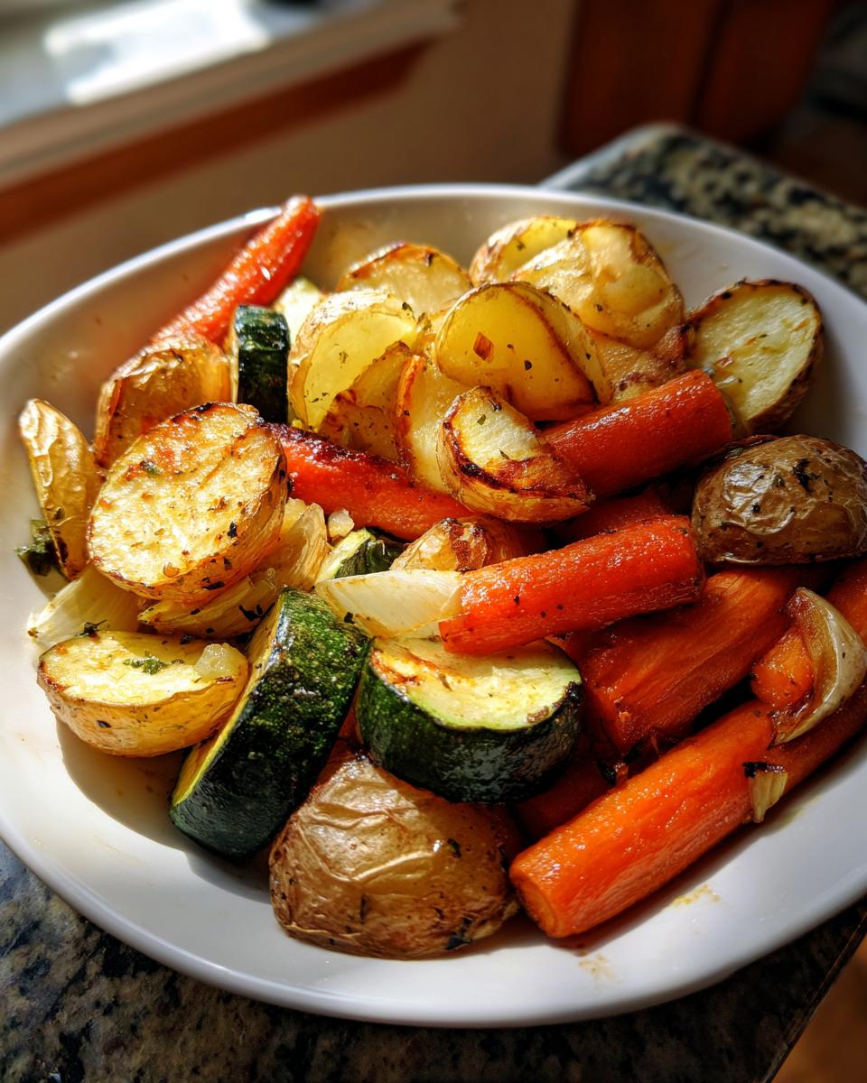 A white bowl filled with perfectly browned Garlic Herb Roasted Veggies, including potatoes, carrots, zucchini, and onions.