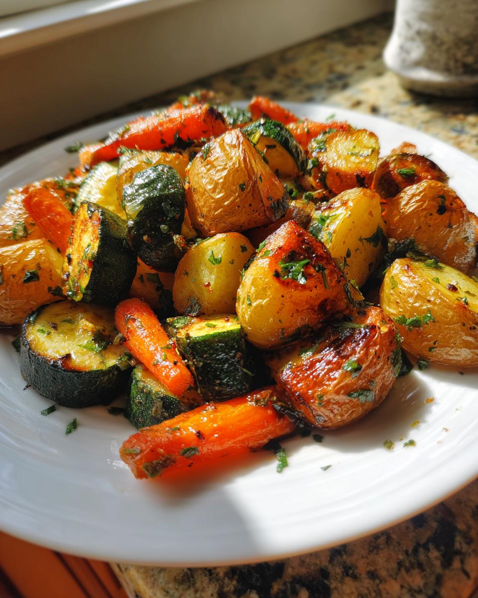 A close-up of roasted potatoes, carrots, and zucchini seasoned with herbs, representing the Garlic Herb Roasted Veggies.