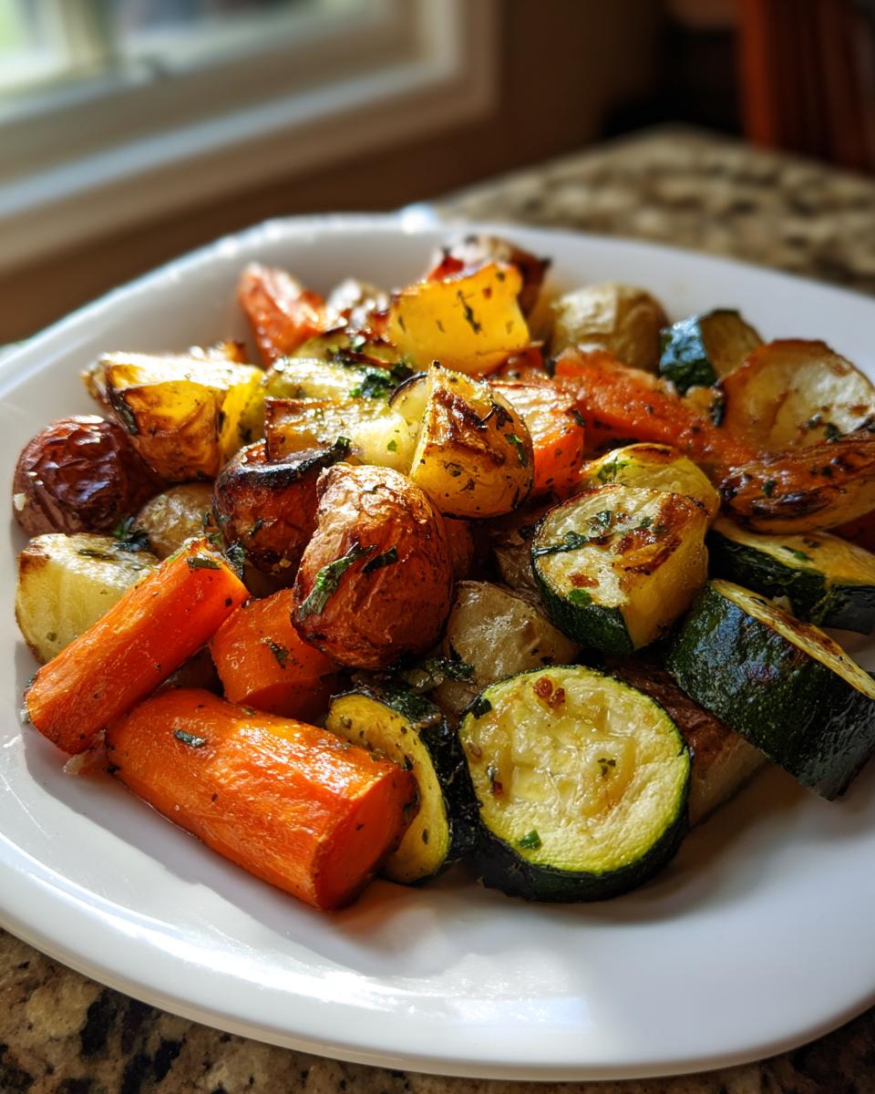 A white plate piled high with golden brown Garlic Herb Roasted Veggies, including carrots, potatoes, and zucchini slices.