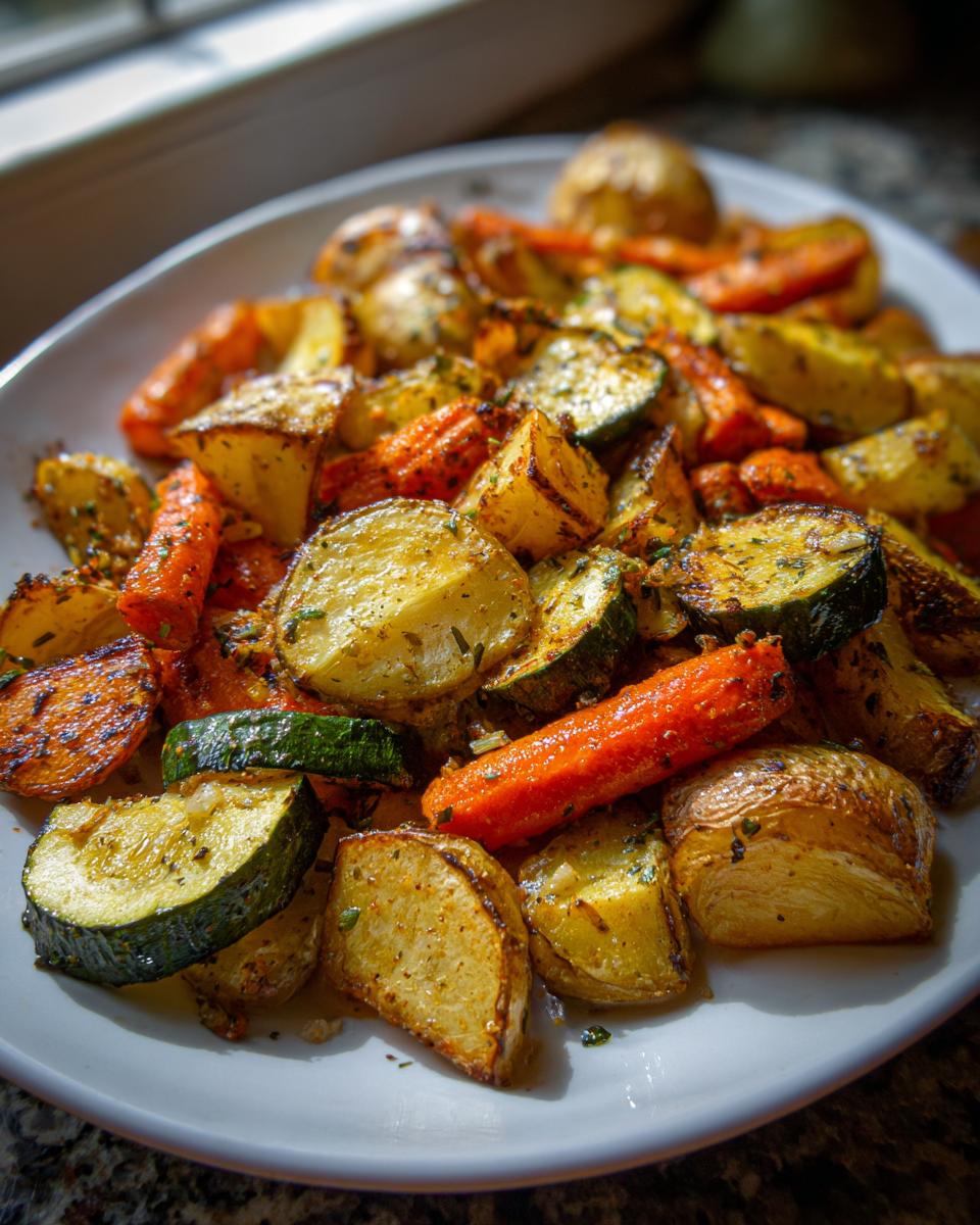 Close-up of perfectly roasted potatoes, carrots, and zucchini seasoned with herbs, representing Garlic Herb Roasted Veggies.