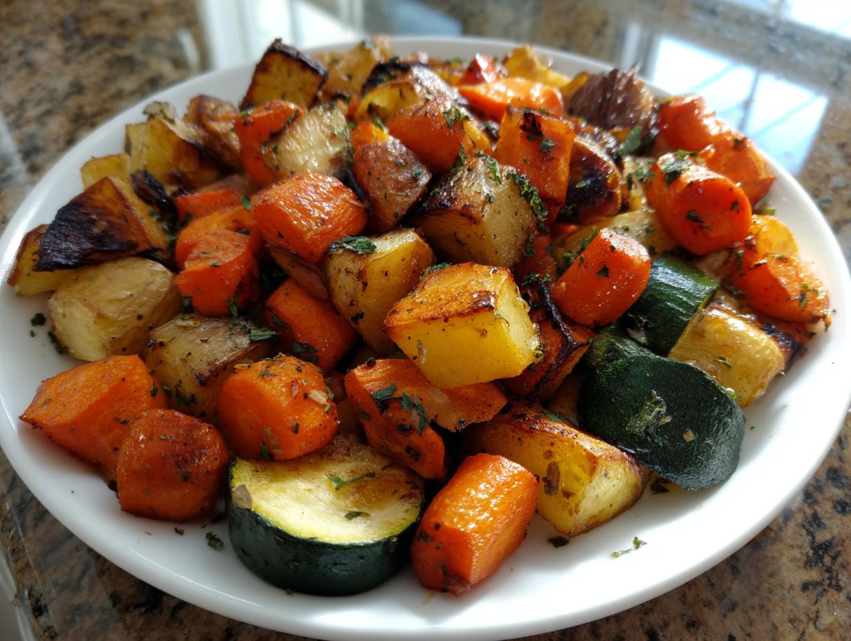 A close-up of perfectly caramelized Garlic Herb Roasted Veggies, including potatoes, carrots, and zucchini, sprinkled with herbs.