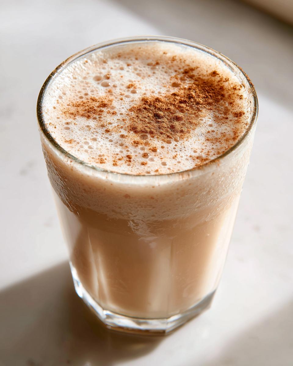 Close-up of a tall glass filled with creamy, frothy coquito, dusted with ground cinnamon on top.