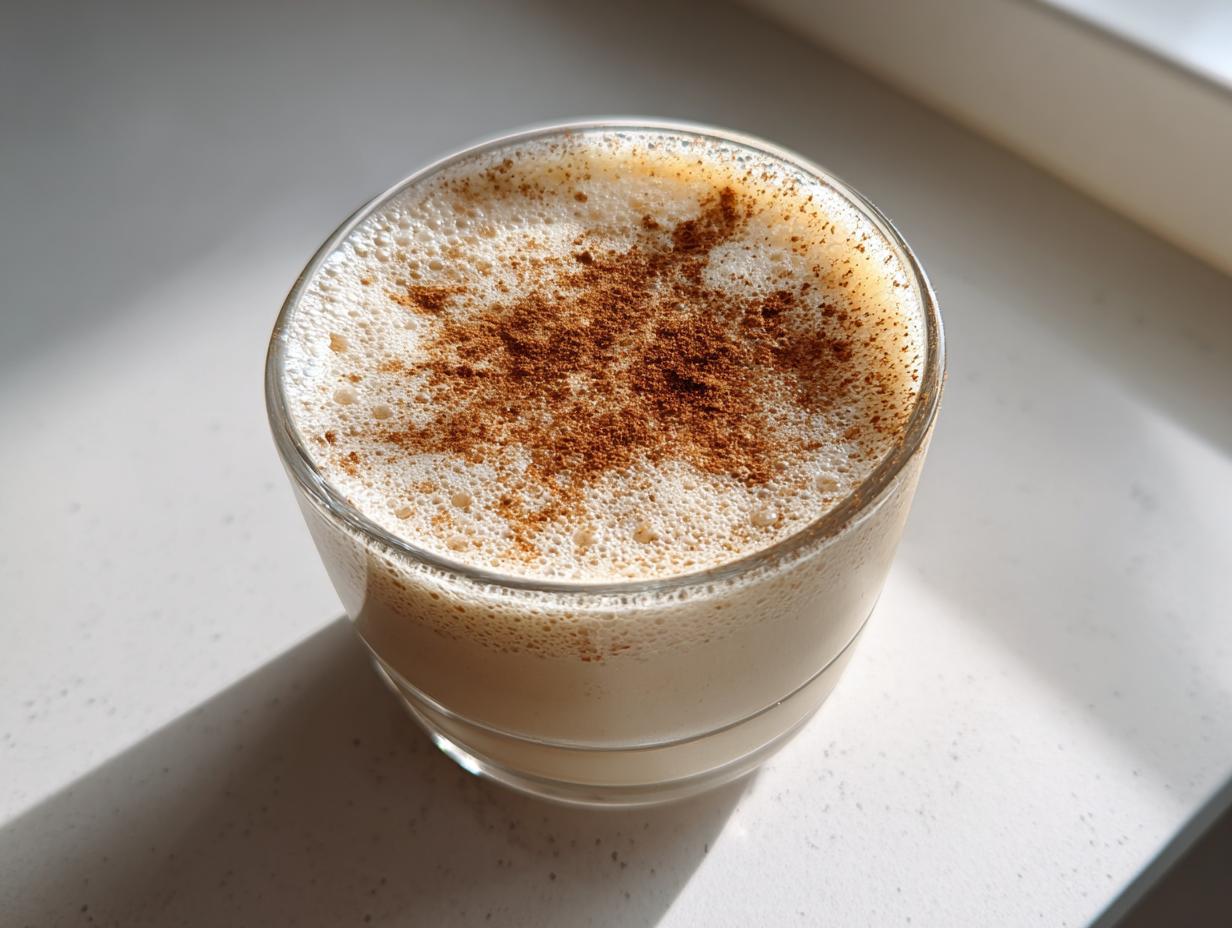 Close-up of a glass filled with creamy coquito, featuring a thick layer of foam dusted heavily with ground cinnamon.