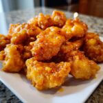 Pile of crispy, golden-brown pieces of bang bang chicken coated in a shiny, spicy-sweet orange sauce.