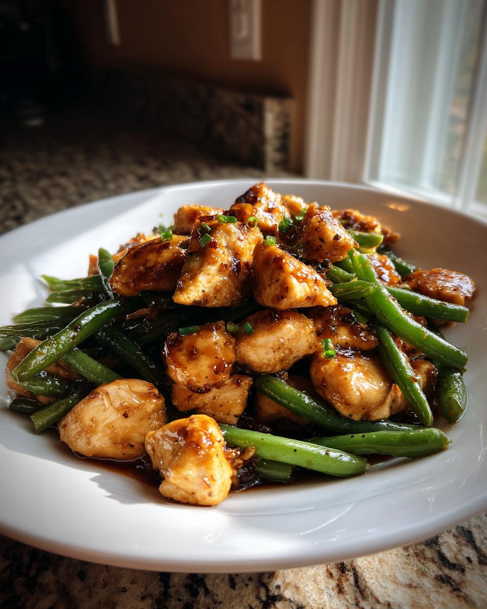 Close-up of glazed chicken pieces mixed with bright green beans, a perfect example of chicken and green beans.