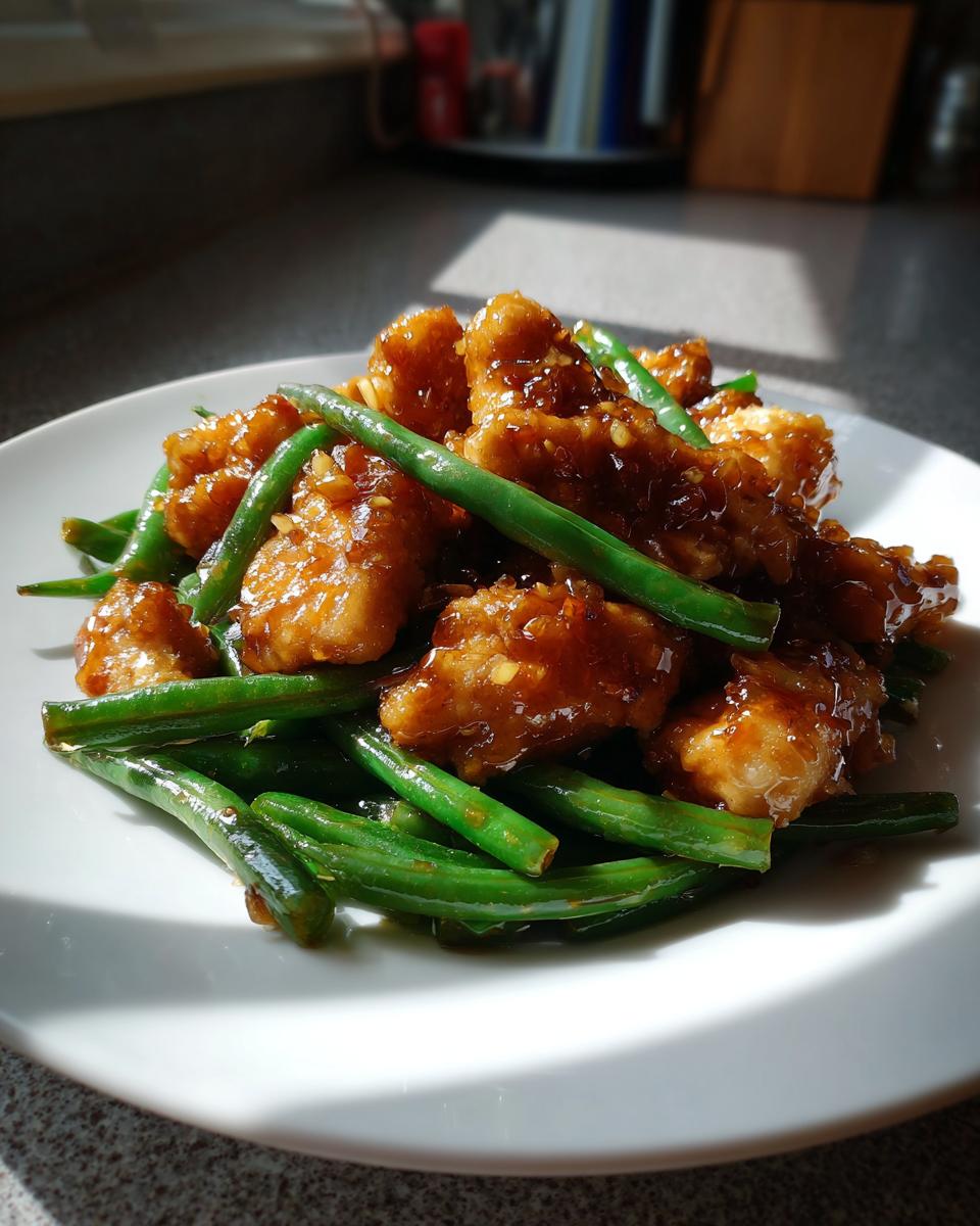 Close-up of crispy chicken pieces coated in a shiny glaze mixed with bright green beans, representing chicken and green beans.