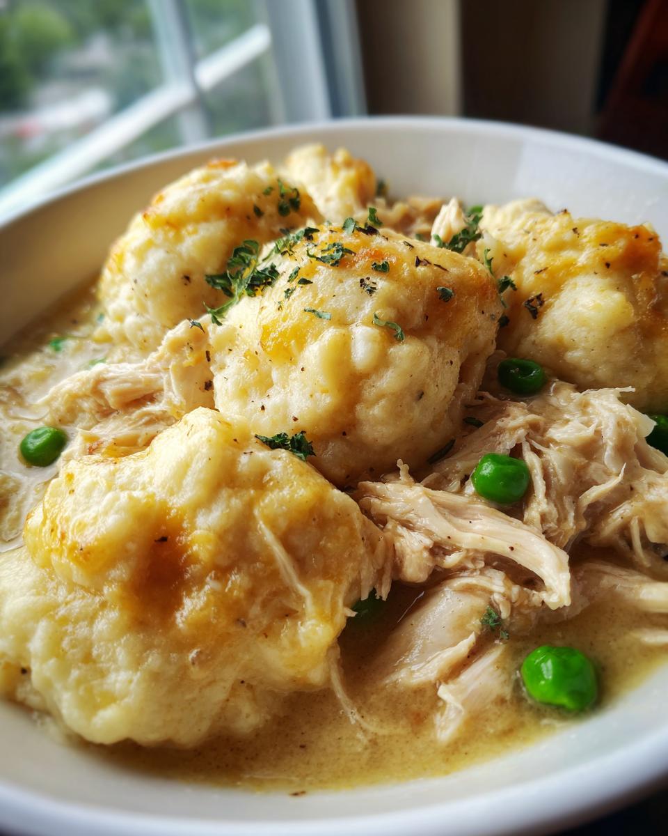 Close-up of fluffy dumplings atop shredded chicken and peas in a creamy sauce for gluten free chicken and dumplings.