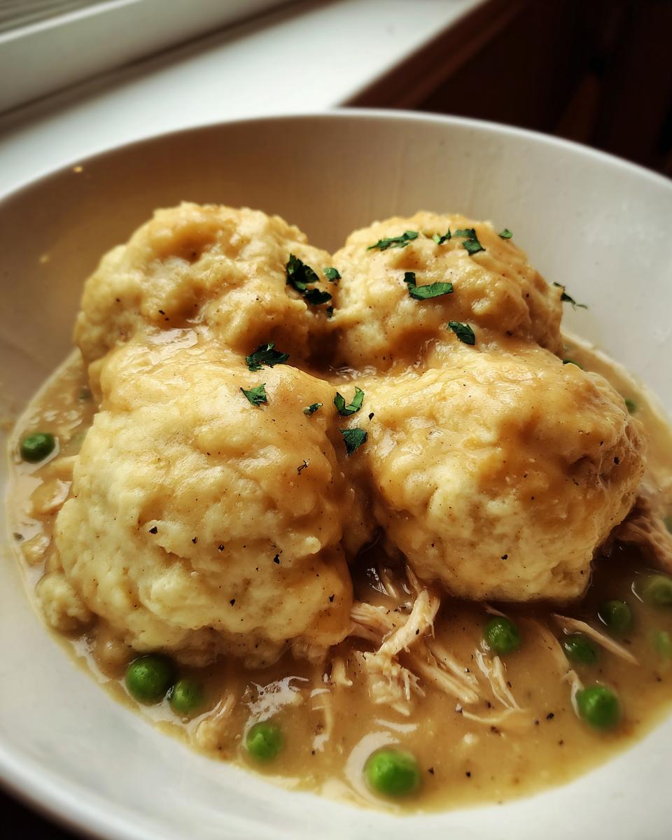 Close-up of four fluffy dumplings atop shredded chicken and peas in a creamy gravy, part of a gluten free chicken and dumplings recipe.