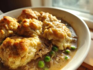 Close-up of a bowl of rich gluten free chicken and dumplings with golden biscuits and bright green peas.