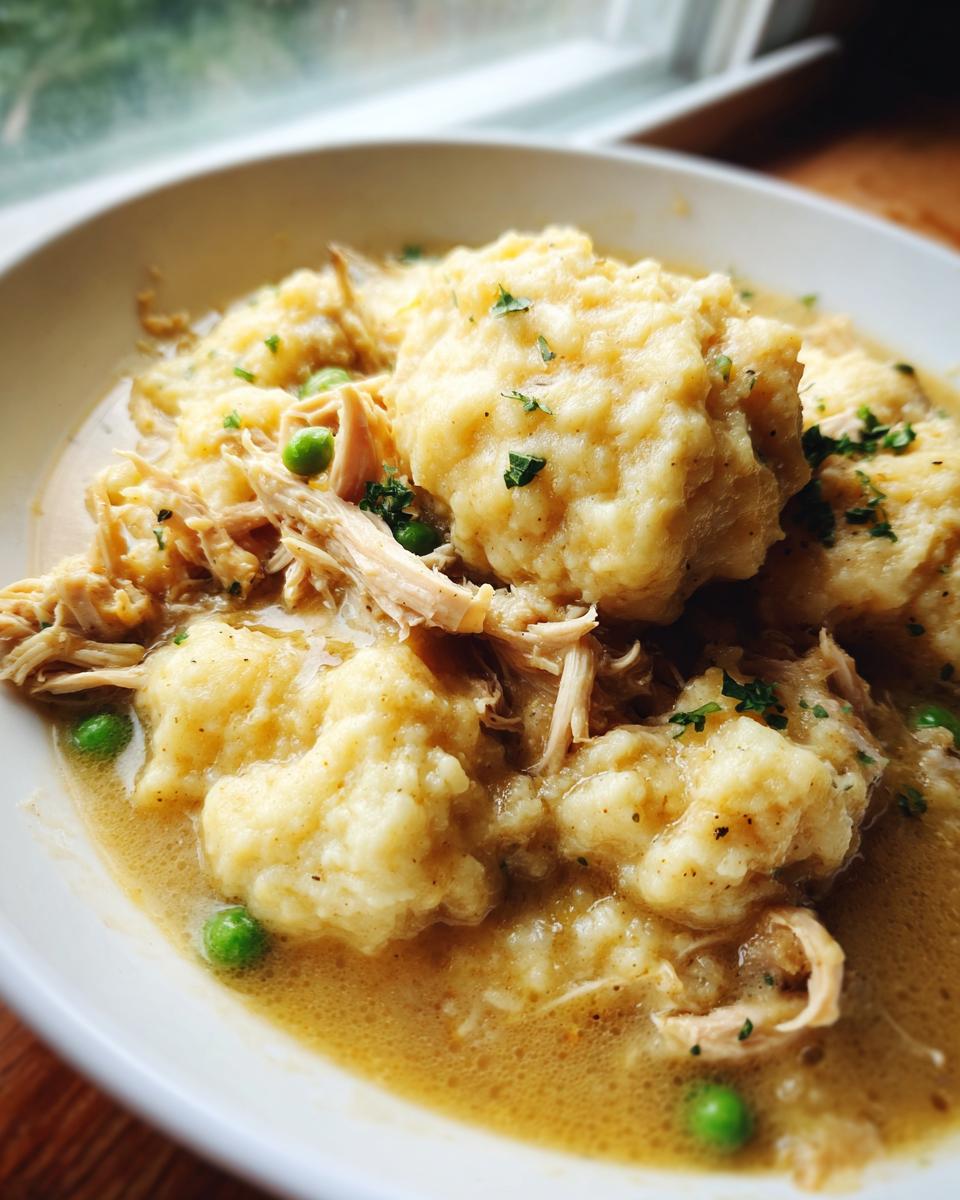 Close-up of fluffy dumplings and shredded chicken in savory broth, showcasing the gluten free chicken and dumplings.