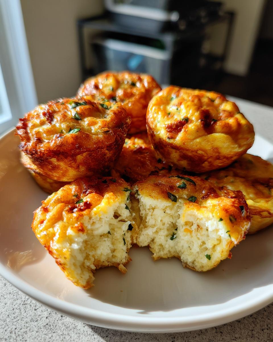 A pile of golden brown baked egg bites, one broken open showing the fluffy interior.