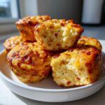 A stack of golden brown, savory egg bites on a white plate, one is broken open showing the fluffy interior.