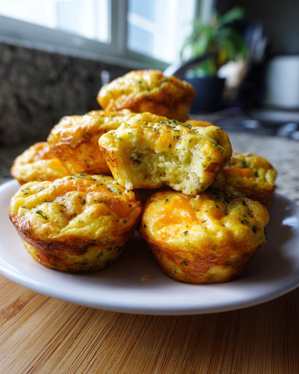 A stack of golden baked egg bites, one with a bite taken out, sprinkled with herbs.