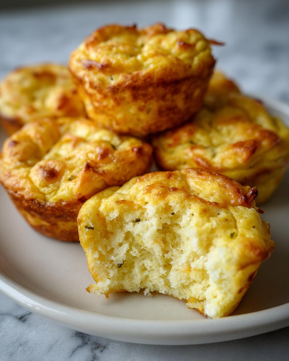 Close-up of fluffy, golden baked egg bites on a plate, one has a bite taken out showing the texture.