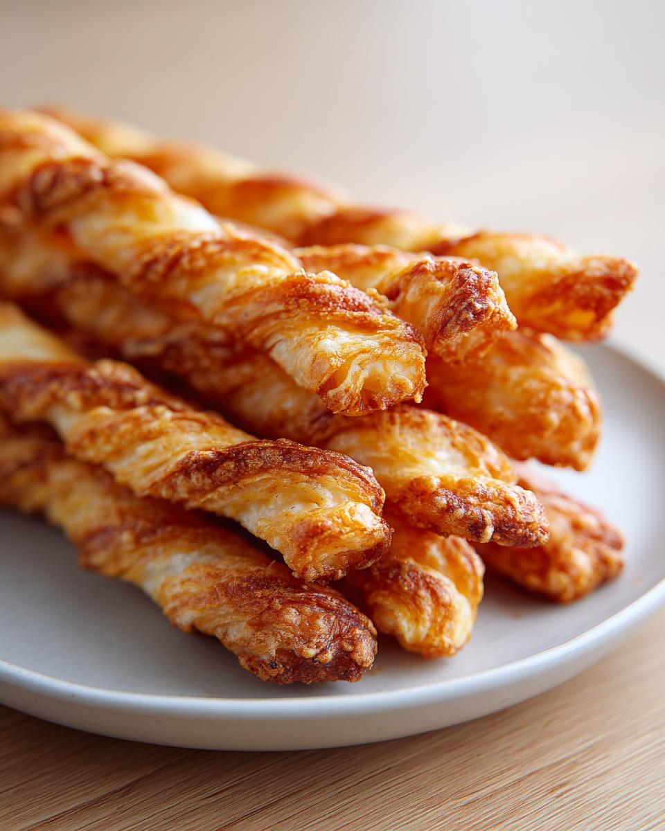 A close-up stack of golden brown, flaky cheese straws recipe piled on a light gray plate.