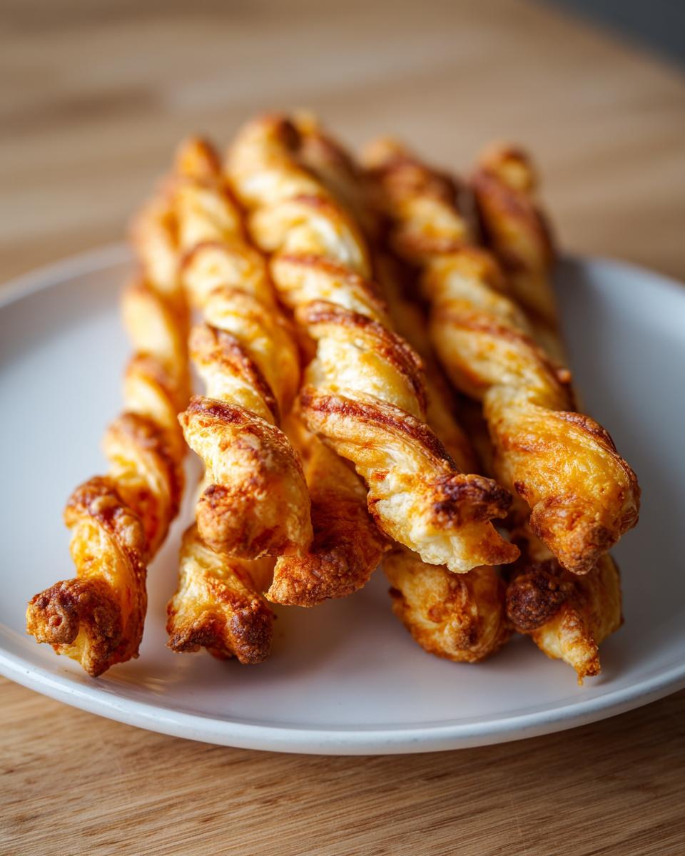A close-up of several golden brown, twisted cheese straws recipe served on a white plate.