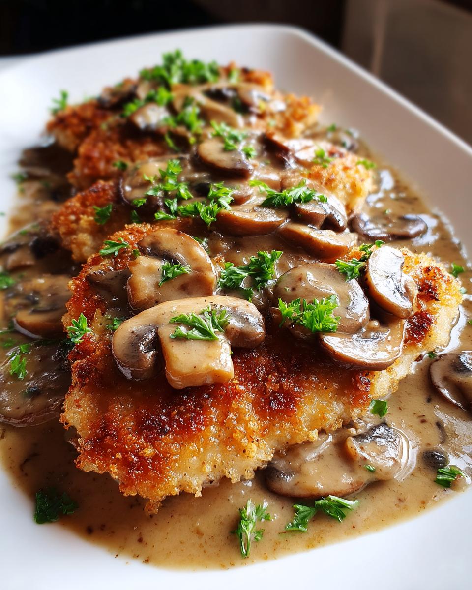 Close-up of breaded chicken marsala fillets smothered in a rich, creamy mushroom sauce and garnished with fresh parsley.