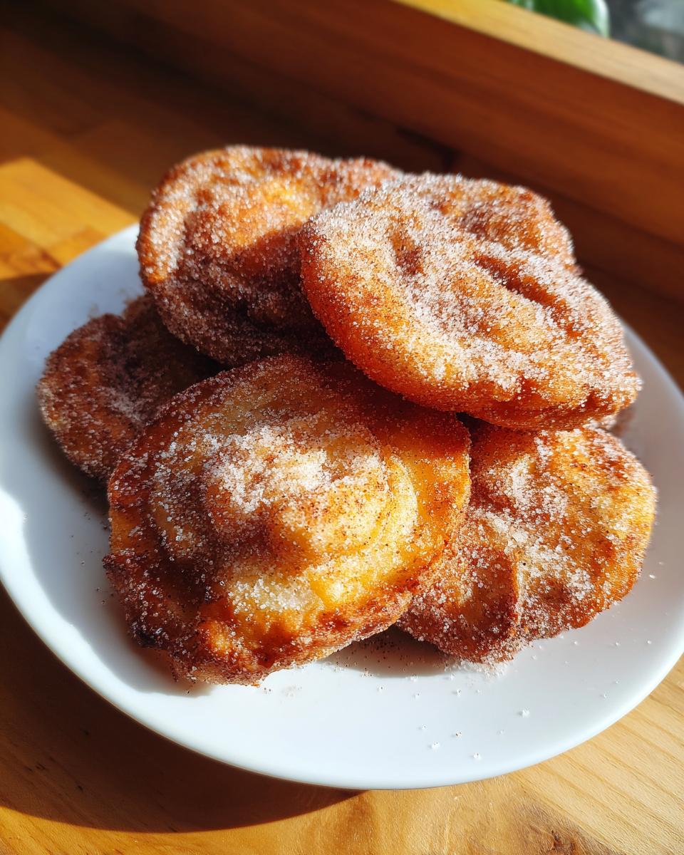 A stack of golden brown buñuelos generously coated in cinnamon sugar, resting on a white plate.