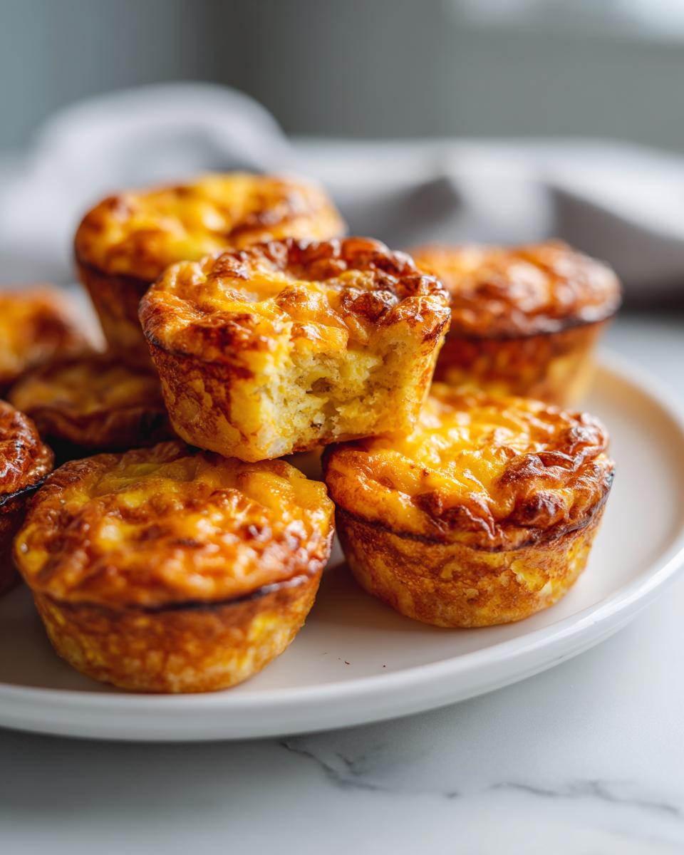 A close-up of several golden brown, baked egg bites stacked on a white plate, one has a bite taken out.