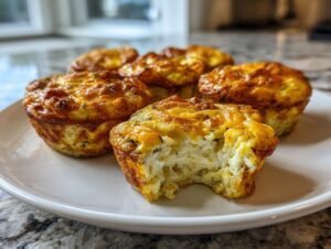 Five golden brown baked egg bites on a white plate, one has a bite taken out showing the fluffy interior.