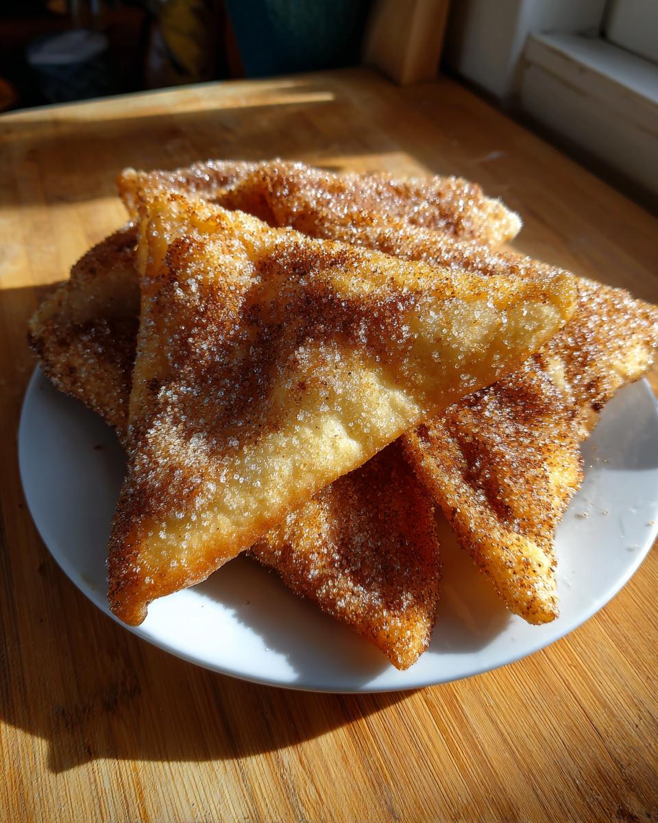 A stack of triangular, golden-fried buñuelos heavily coated in cinnamon sugar resting on a white plate.