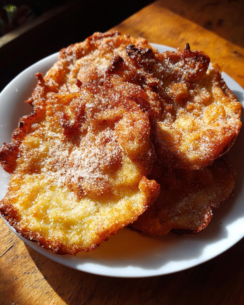Close-up of several golden brown buñuelos piled on a white plate, heavily dusted with granulated sugar.