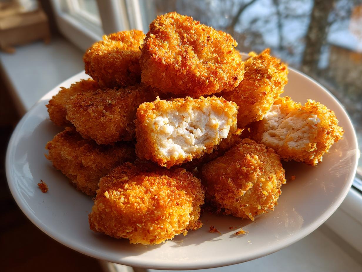 A pile of crispy, golden homemade chicken nuggets on a white plate, one nugget is broken open showing the white meat inside.