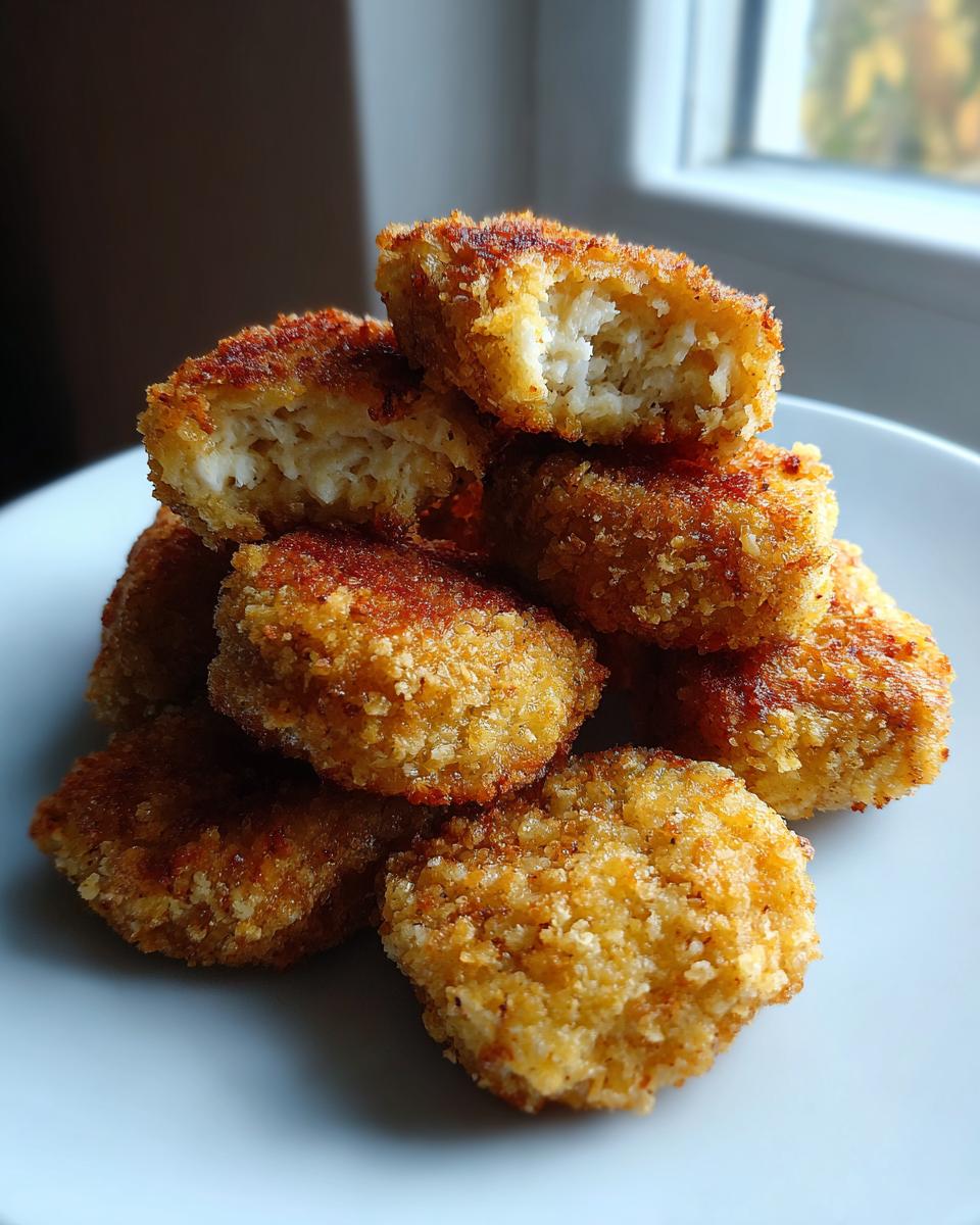 A stack of golden brown homemade chicken nuggets, one broken open to show the white, textured interior.