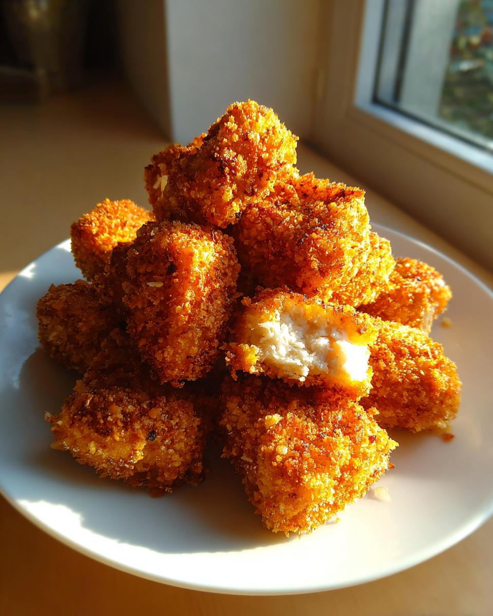 A pile of crispy, golden homemade chicken nuggets on a white plate, one nugget broken open showing the white interior.