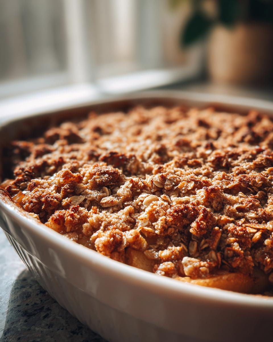Close-up of a freshly baked pear crisp in a white baking dish, showing the golden, buttery oat crumble topping.