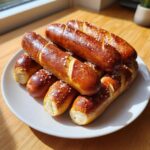 A stack of freshly baked, golden brown pretzel dogs buns sprinkled with coarse salt.