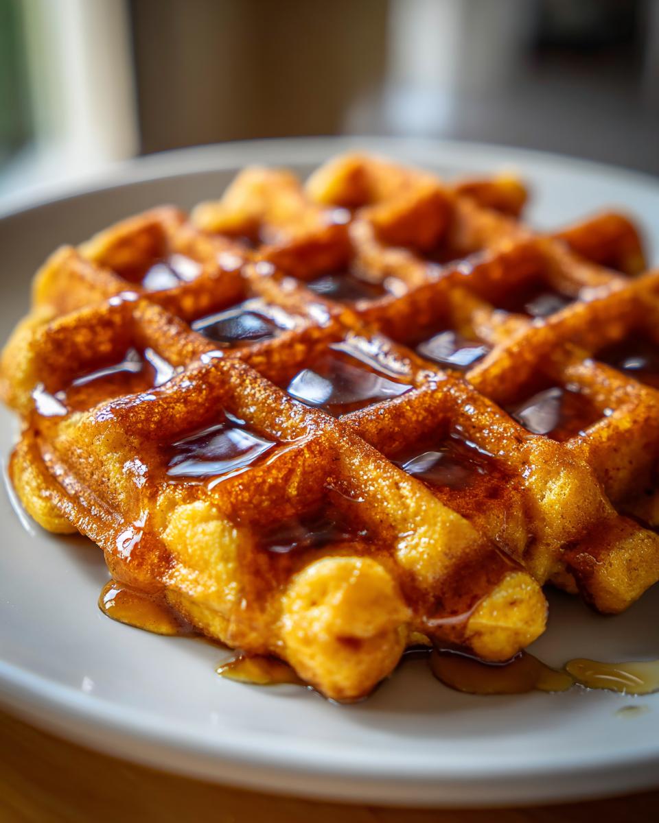 Close-up of a golden brown pumpkin waffles generously drizzled with maple syrup on a white plate.
