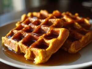 Close-up of golden orange pumpkin waffles stacked and generously covered in maple syrup.