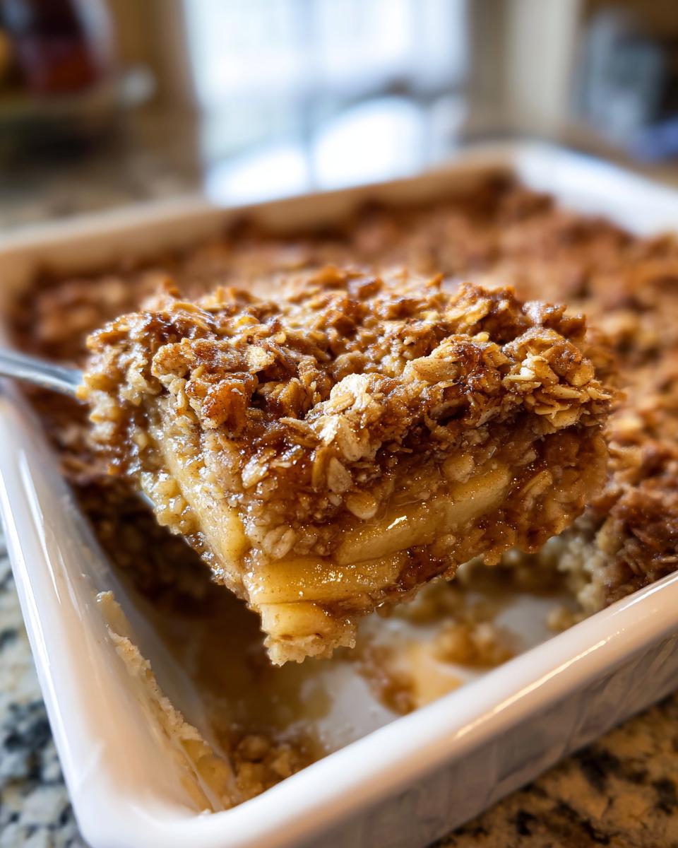 A spoonful of warm apple crisp lifted from a white baking dish, showing gooey apples and crunchy oat topping.