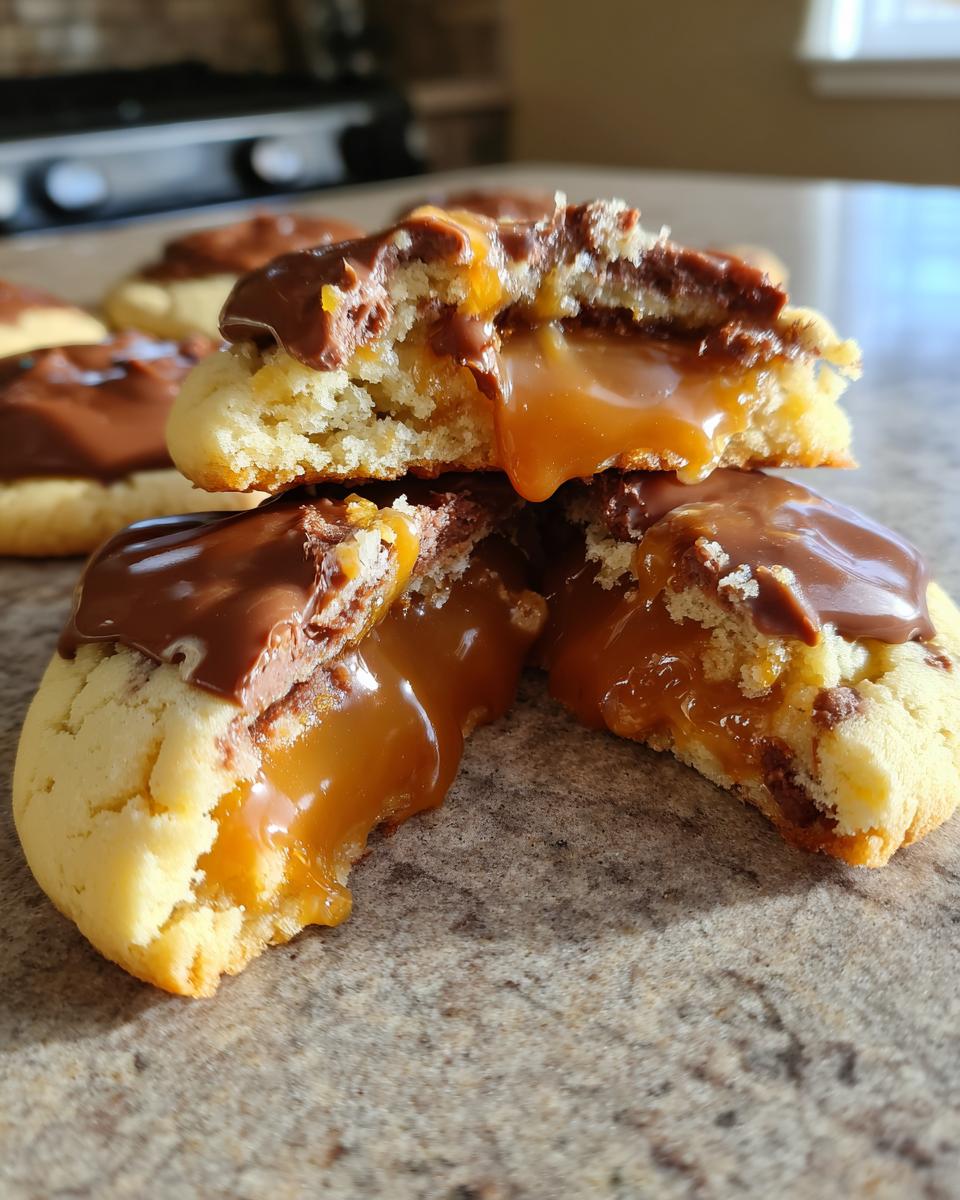 Close-up of a Twix cookie broken in half, showing a molten caramel center dripping out, topped with chocolate.