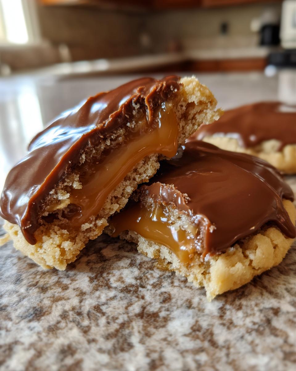 Close-up of a twix cookie broken in half showing a thick, gooey caramel center and chocolate topping.