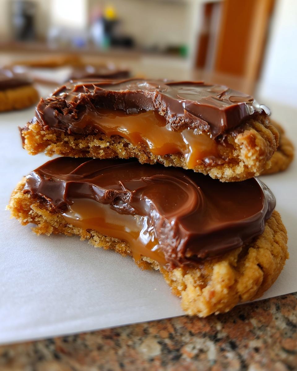 Close-up of two halves of a Twix cookies stacked, showing gooey caramel filling and thick chocolate topping.